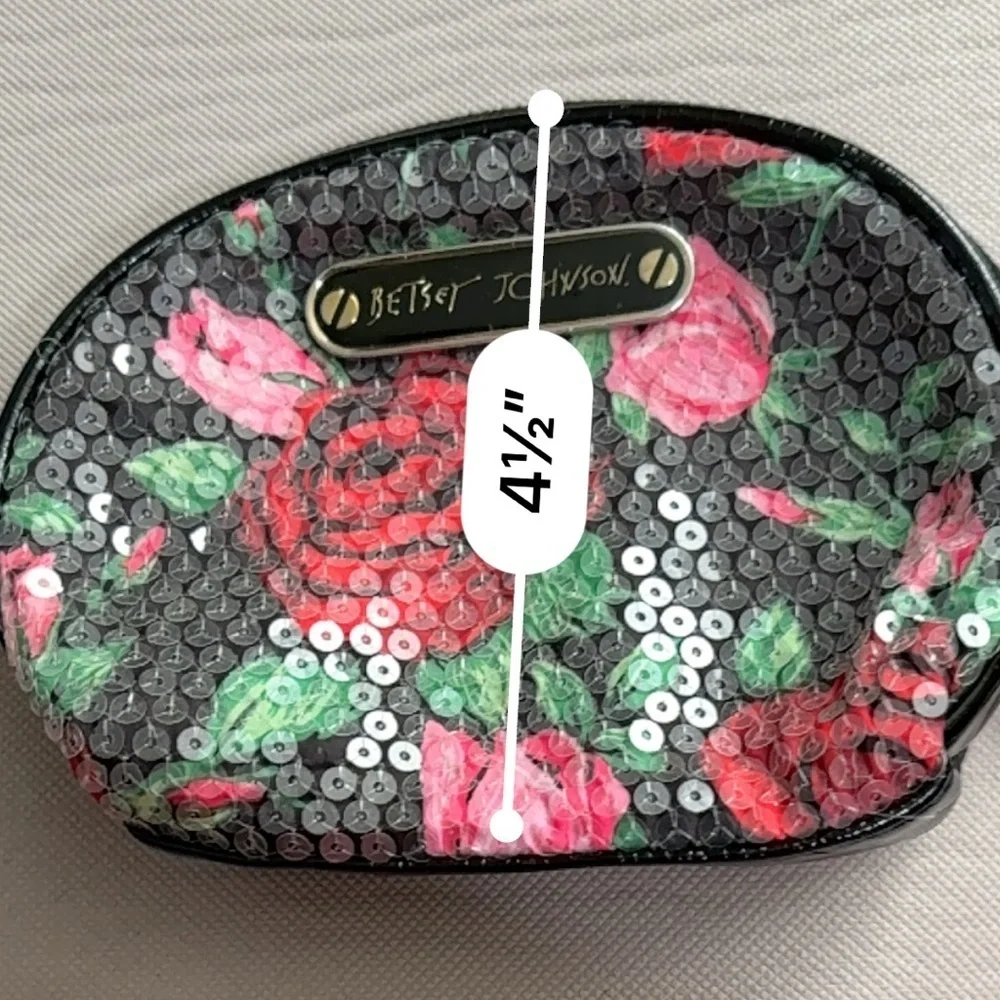 🌹Betsey Johnson Sequin Rose Floral Makeup Bag with Leopard Print Interior